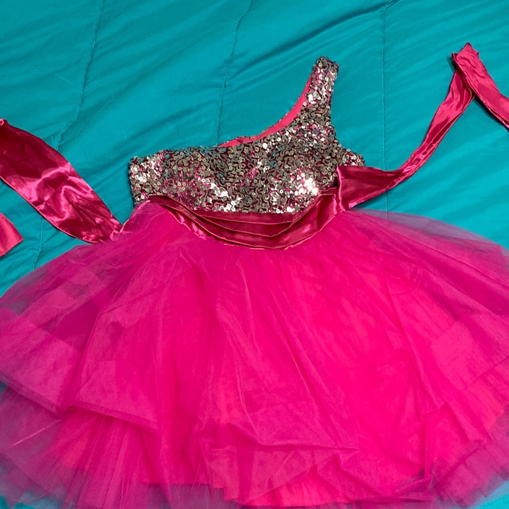 Trixxi one shoulder dress. Homecoming or prom. Fuschia with silver sequins